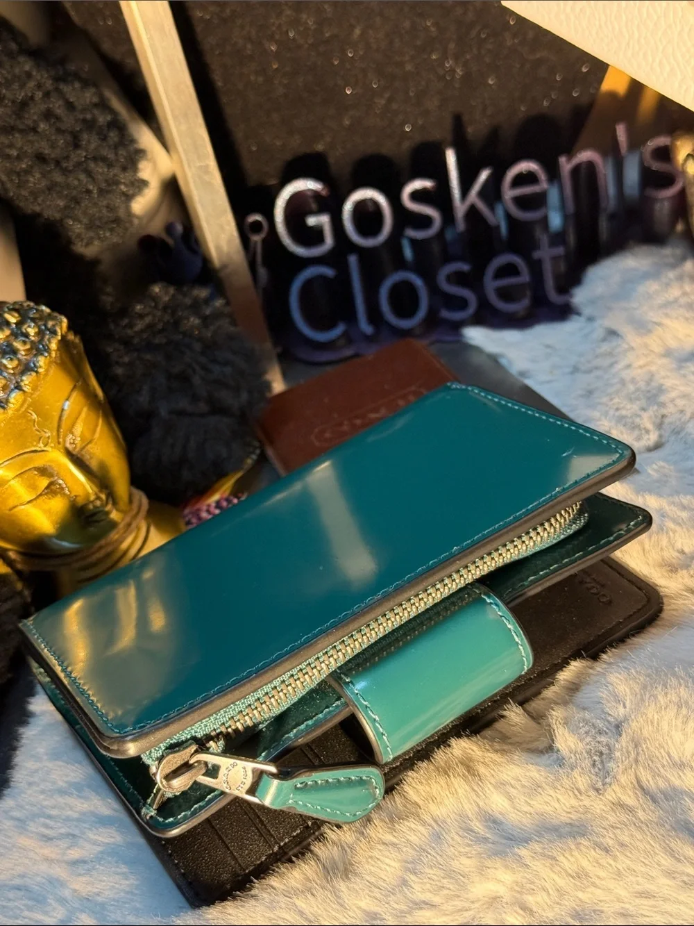 COACH Teal Corner Zip Compact  Leather Snap Wallet